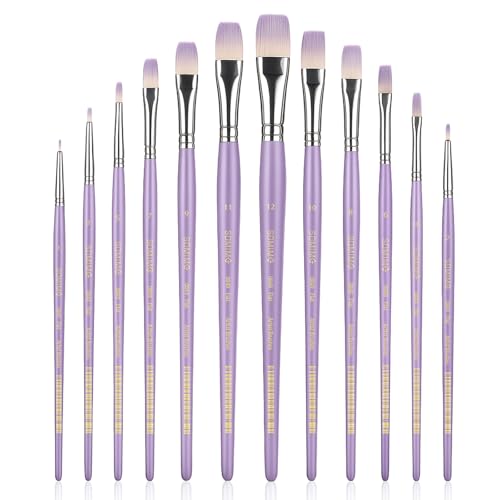 Professional Watercolor Paint Brush Set, 12 Pcs Flat Artist Paint Brushes for Watercolor, Oil, Gouache and Acrylic Painting, Purple Handle - color: Purple, size: Flat