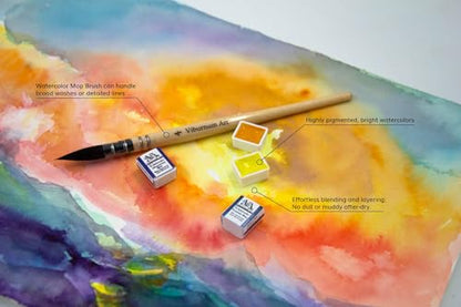 Professional Watercolor Paint Set - 24 Half Pan Highly Pigmented Transparent Water Color Paints with #4 Synthetic Water color Brush, Mixing Palette & Wooden Box Gift Watercolor Kit