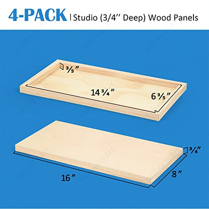 Falling in Art Unfinished Birch Wood Panels Kit for Painting, Wooden Canvas 4 Pack of 8x16’’ Studio 3/4’’ Deep, Cradle Boards for Pouring, Art, Crafts, Burning and More - size: 8'' x 16''