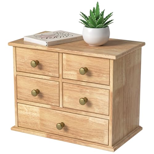 Oak Desk Organizer with Drawers, Wooden Desktop Storage Box with Metal Handles & Non-Slip Silicone Pads, 5 Drawer Tabletop Organizer for Office, Bedroom, Bathroom, Vanity, Makeup – Light Burnt Brown - color: Light Burnt Brown, size: 5 Drawers
