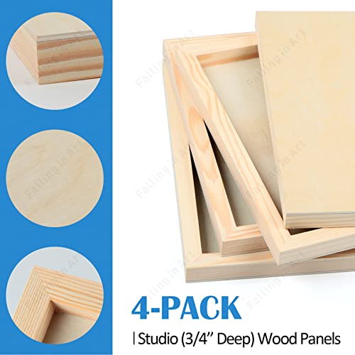 Falling in Art Unfinished Birch Wood Panels Kit for Painting, Wooden Canvas 4 Pack of 8x16’’ Studio 3/4’’ Deep, Cradle Boards for Pouring, Art, Crafts, Burning and More - size: 8'' x 16''