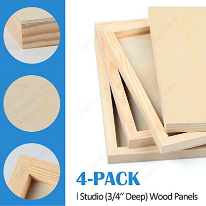 Falling in Art Unfinished Birch Wood Panels Kit for Painting, Wooden Canvas 4 Pack of 8x16’’ Studio 3/4’’ Deep, Cradle Boards for Pouring, Art, Crafts, Burning and More - size: 8'' x 16''