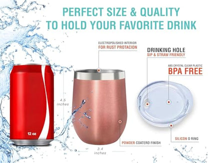 CHILLOUT LIFE 12 oz Stainless Steel Wine Tumbler with Lid - Double Wall Vacuum Insulated Wine Cup Glass Keeping Cold & Hot for Coffee, Champagne, Cocktails, Ice Cream - Rose Gold - color: Rose Gold, style: 1 Pack