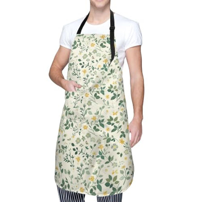 Cream Pastel Wildflower Art Waterproof Apron with Pockets | Garden Aprons for Men Women Adjustable Bib Apron for Cooking Kitchen Baking BBQ Painting Housework Oil Resistant - color: Lemon&leaf Garden