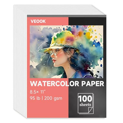 VEOOK Watercolor Paper Bulk, 8.5"x11" Water Color Paper, 100 Sheets 95lb/200gsm Artist Painting Drawing Paper for Adults, Paint, Sketchbook, Journal, Art Supplies(WC-04)