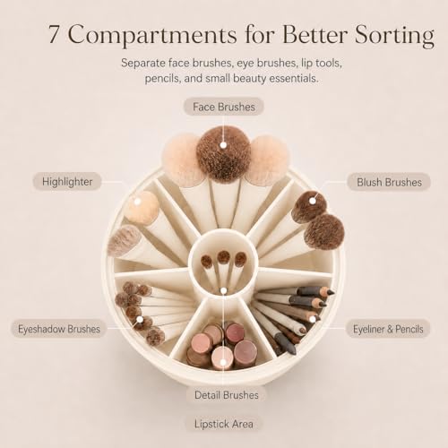 EACHY Makeup Brush Holder with Lid, Rotating Makeup Brush Organizer, Beige | Dustproof Lid, 7 Compartments, Waterproof Plastic, Vanity Makeup Organizer for Brushes - color: Beige