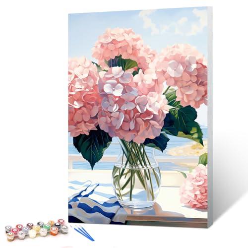 Ginkko Paint by Numbers Kit for Adults Beginner & Kids Ages 8-12 with Wooden Frame Easy Acrylic on Canvas 8x12 inch with Paints and Brushes, Flower(Include Framed) - color: Hydrangea framed, size: 8x12 Inch