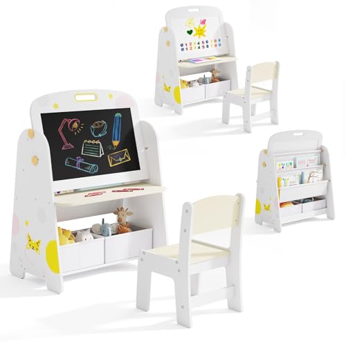 INFANS Easel for Kids with Stool, 4-in-1 Double-Sided Adjustable Magnetic Chalkboard with Paper Roll, Bookshelves, Wheels, Wooden Standing Painting Drawing Art Board for Boys Girls - style: Puppy