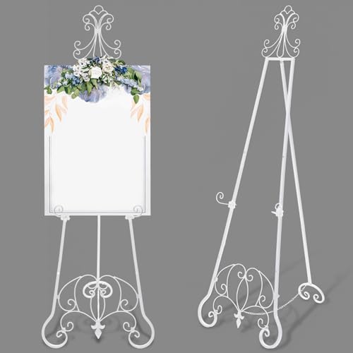 1 Pack White Easel Stand for Wedding Sign, 57'' Adjustable Vintage Scroll Floor Display Stand with Chain Support for Welcome Poster, Photo, Art, Decorative Event Display - color: White, size: 57'' X 19''