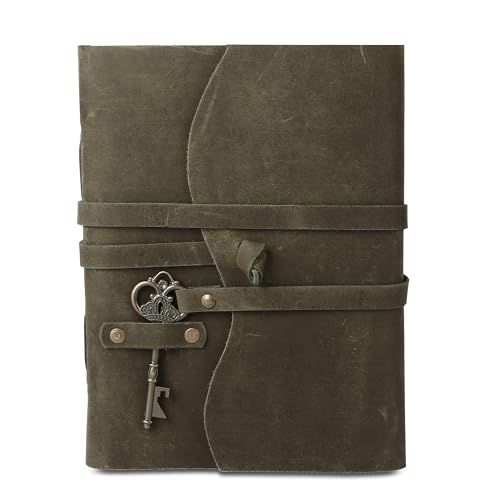 Leather Journal with Deckle Edge Paper 8x6 inch and Vintage Key | Handmade Writing Notebook Diary | Bound Daily Notepad for Men & Women Medium, Sketch/Writing pad for Artists - color: Dark green, size: 7 x 5, style: Unlined Deckle Paper