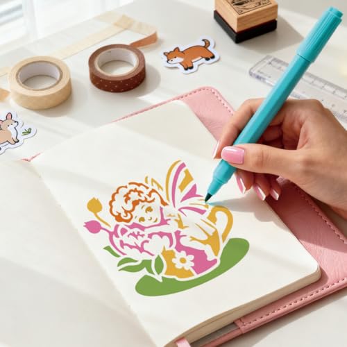 12 Sheets Teacup Fairy Stencils for Painting, 12 Styles Plastic Tea Time Drawing Template Flower Wing Butterfly Art Templates for Painting on Wall Wood Home Decor - style: Teacup Fairy