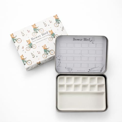 Bower Bird Travel Ceramic Watercolor Palette with Porcelain Mixing Tray & Metal Tin Box - Portable Art Kit for Gouache, Studio & Outdoor Painting (12Well) - size: 4.2" x 3.1" x 0.5"