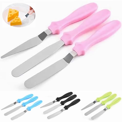 Cake Cream Spatulas, 3 Pieces of Cake Angled Spatula with Stainless Steel, Professional Cake Decorating, Pastry & Baking, Icing Frosting Cream Chocolate Cake Spatula (3pcs Pink) - color: 3 Pcs Pink