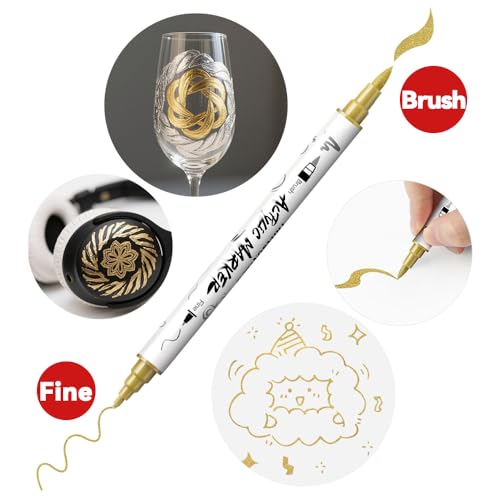 TRANSON 4 Gold and 4 Silver Paint Markers Brush and Fine Dual-tip Acrylic Paint Marker Set for Rock Painting Glass Canvas Wood Leather Ceramic Painting - style: Brush and Fine 4 Gold and 4 Silver
