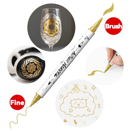 TRANSON 4 Gold and 4 Silver Paint Markers Brush and Fine Dual-tip Acrylic Paint Marker Set for Rock Painting Glass Canvas Wood Leather Ceramic Painting - style: Brush and Fine 4 Gold and 4 Silver