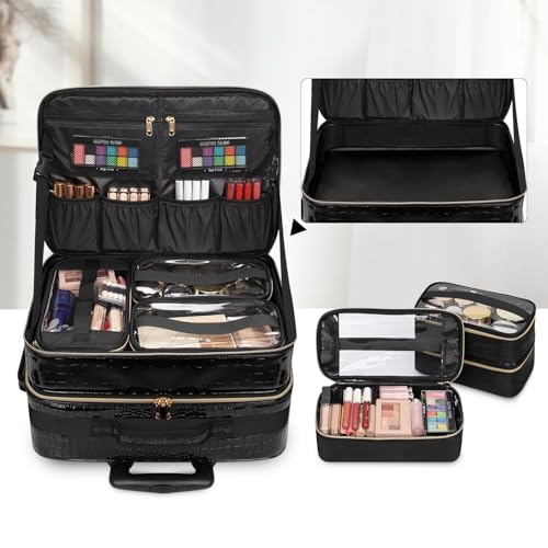 OCHEAL 18" Rolling Makeup Train Case Professional 2-in-1 Trolley Case | | Large Makeup Case, 6 Travel Cosmetic Bags, Pro Artists & Makeup Artists, Beauty Trolley Train Case - color: Black-2 in 1