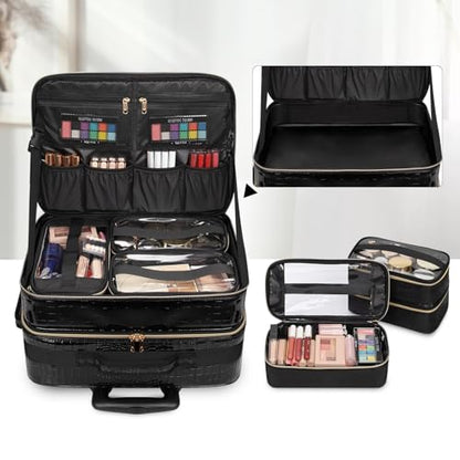 OCHEAL 18" Rolling Makeup Train Case Professional 2-in-1 Trolley Case | | Large Makeup Case, 6 Travel Cosmetic Bags, Pro Artists & Makeup Artists, Beauty Trolley Train Case - color: Black-2 in 1