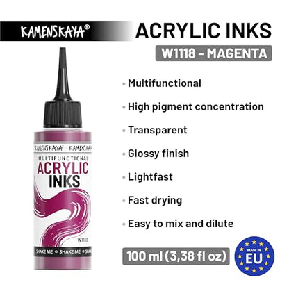 KAMENSKAYA Acrylic Inks for Artists - Magenta Acrylic Ink, 3.38 Fl Oz (100 ml) - color: Magenta