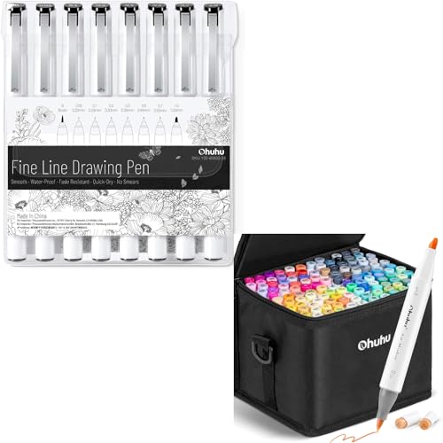 Ohuhu Fineliner Pens 8 Sizes Micro Pens Pigment Black Ink Waterproof Alcohol Proof and Ohuhu Alcohol Markers Brush Chisel Tips 120 Colors Art Markers
