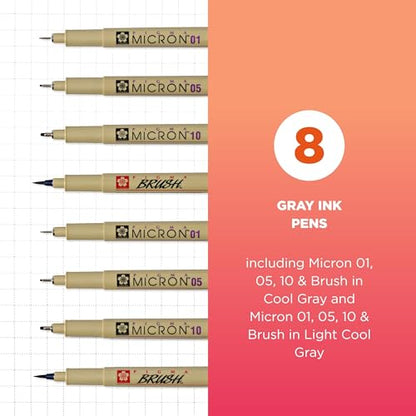 SAKURA Pigma Micron Fineliner Pens, Multi-tip Set, Archival Gray Ink, 8 PK 50167 - size: 8 Pens