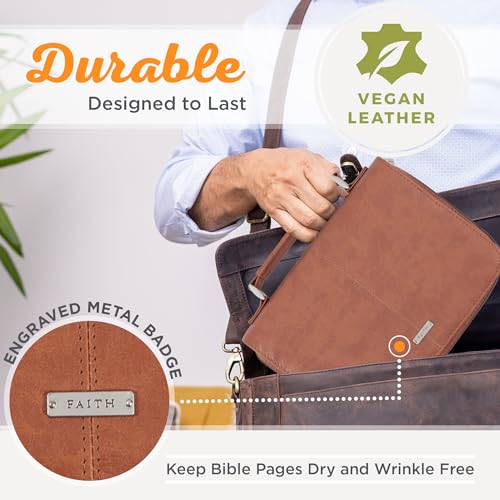 Christian Art Gifts Men/Women's Classic Bible Cover Faith Badge, Brown Faux Leather, Large - color: Brown, size: Large