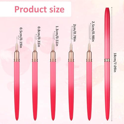 5 Pcs Metallic Nail Art Brushes Set, Nail Liner Brushes Painting Art Design Nails Arts Brush for Gel Polish for Long Lines, Thin Details, Fine Drawing Sizes 5 8 13 20 25 mm