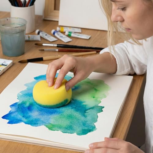 7pcs Round Pottery Sponges, Water Absorption Painting Tack Sponge for Clay, Pottery Tools Art Supplies for Leather Care Drawing Crafts Kitchen Shoes Ceramics- Yellow