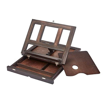 KINGART Adjustable Wood Espresso Stained Desk Table Easel with Storage Drawer, Paint Palette, Portable Wooden Artist Desktop, Painting, Drawing Sketching Book StandE