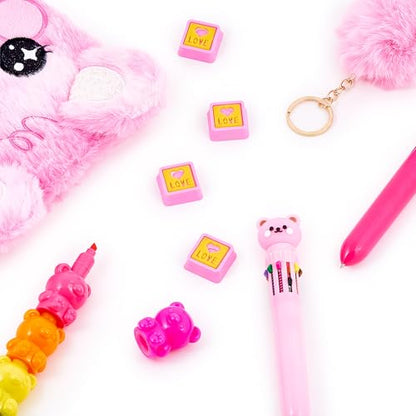 VOTUM Fuzzy Bear Stationery Gift Set for Kids – Plush Notebook, Stackable Highlighters, Click Pens, Sticky Notes & Erasers – Cute Pink Writing Supplies Case - color: Bows & Bears