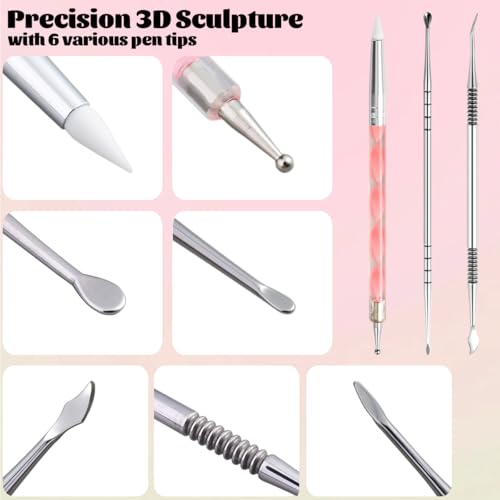 Fcozpjk Nail Art Sculpture Pen, 3PCS Double-head Stainless Steel 3D Gel Art Sculpting Pens Dotting Tools Acrylic Powder Flower Design Carving Modeling for Builder Gel Chrome Powder Applicator Manicure