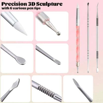 Fcozpjk Nail Art Sculpture Pen, 3PCS Double-head Stainless Steel 3D Gel Art Sculpting Pens Dotting Tools Acrylic Powder Flower Design Carving Modeling for Builder Gel Chrome Powder Applicator Manicure
