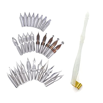 Calligraphy Oblique Dip Pen Holder Set, Resin Pen Handle with 30 Stainless Steel Pen Nib Manga Pen Kit for English Calligraphy Drawing Comic, White - color: White