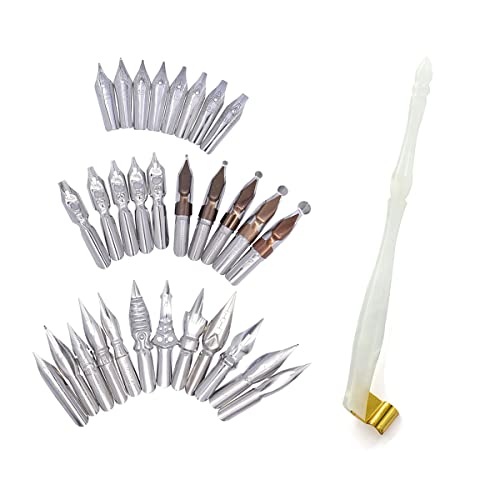 Calligraphy Oblique Dip Pen Holder Set, Resin Pen Handle with 30 Stainless Steel Pen Nib Manga Pen Kit for English Calligraphy Drawing Comic, White - color: White