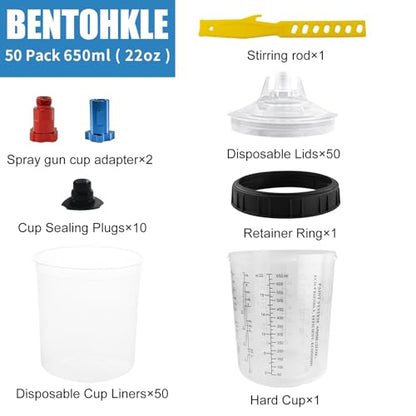 Disposable Paint Spray Gun Cup 50 Pack 22 Ounce(650ML) Disposable Mixing Cups for Automotive Spray Gun with 50 Liners and Lids System, with Retainer Ring, 2 Adapters for Paint Gun (22 Ounce- 50pack) - size: 22 Ounce- 50pack