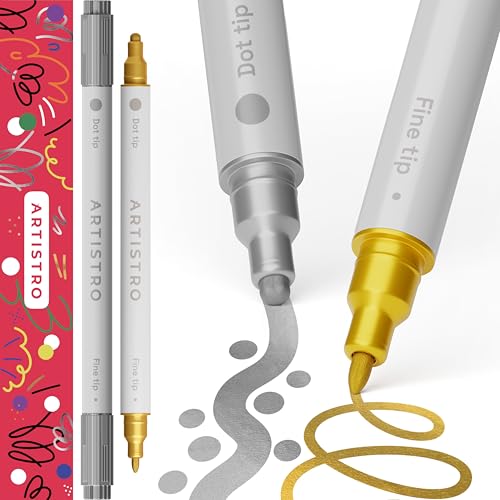 ARTISTRO 2 Gold & Silver Dual-Tip Acrylic Paint Pens - Multisurface Markers for Glass, Rock, Fabric, Wood, Plastic & More - 5mm Dot + 1mm Fine Tips - color: Silver&Gold, style: Dual Tip Dot + Fine