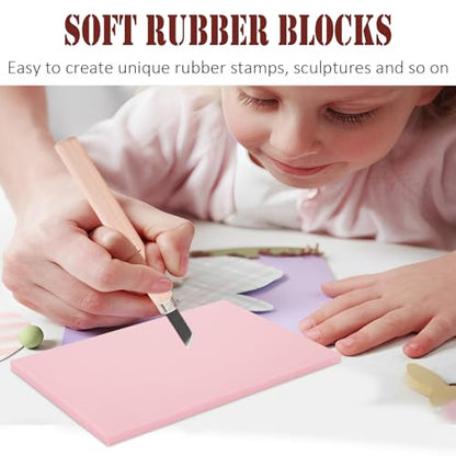 8PCS 4x6 Inch Linoleum Carving Blocks for Printmaking, Rubber Linocut Block Stamp Making Kit with Wood Carving Tools and Rubber Brayer Roller, Soft Stamp Carving Kit for DIY Crafts