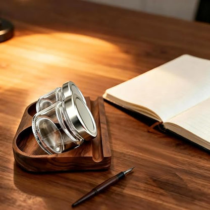 Wooden Tilting Calligraphy Pen Holder with 2 Glass Ink Bottle Container, Calligraphy Oblique Nib Holder Stand Base Set, Non-Slip Base Ink Bottle Holder for Dip Pen, Desktop Table Decoration