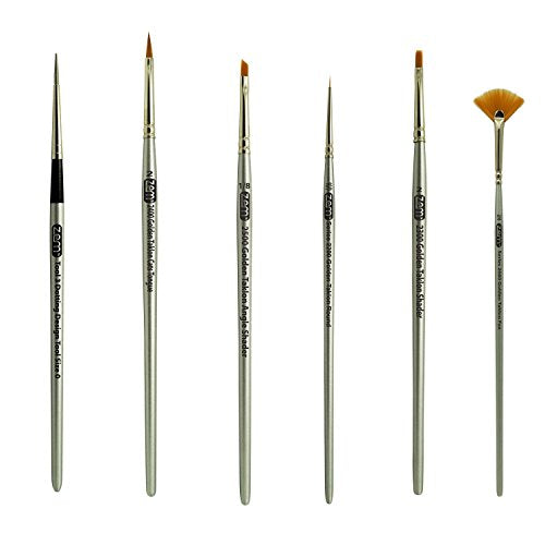 ZEM Brush Golden Taklon Mini Detail Brush Set Fan 2/0, Flat 2, Cats Tongue 2, Angle 1/8", Detail 10/0, Dot Tools #3