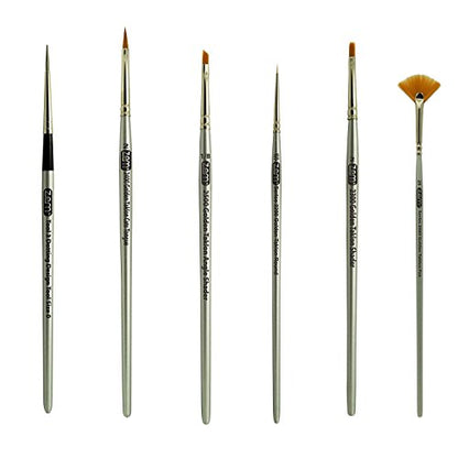 ZEM Brush Golden Taklon Mini Detail Brush Set Fan 2/0, Flat 2, Cats Tongue 2, Angle 1/8", Detail 10/0, Dot Tools #3