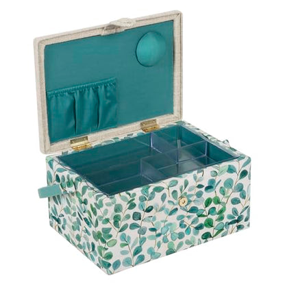 Hobby Gift Medium Sewing Box Organiser, Fabric Covered Storage Box with Handle, Internal Tray, Pin Cushion and Pocket for Sewing, Quilting and Knitting Supplies - color: Eucalyptus