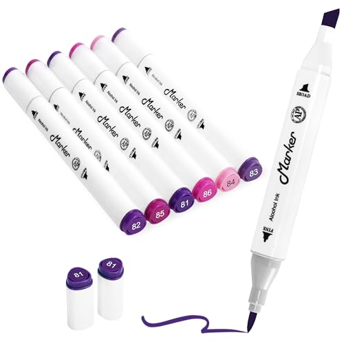 Purple Pink Alcohol Markers, 6 Pack Dual Tips Soft Fine Tip and Broad Tip Permanent Art Marker for Artists Adults Coloring Drawing Illustration Sketching Painting (Purple) - color: Purple