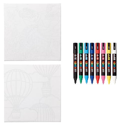 POSCA Canvas Paint by Number Kit, Sea & Sky - 8 Acrylic Markers with 2 Pre-Drawn Canvases - Gift Set for Artists, Adults and Kids - color: Sea & Sky