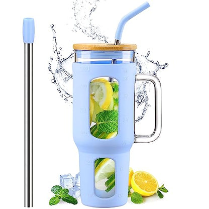WINSA Glass Tumbler with Lid and Straw, 46 oz Iced Coffee Cup with Handle, Large Water Bottles with Silicone Sleeve, Glass Cup with Straws - Pearl Straw & Drinking Straw BPA Free-Glacier - color: Glacier, size: 46 Ounces