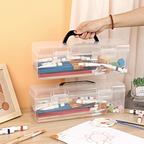 BTSKY 2 Pack Clear Plastic Painting Brush Container with Black Handle, Portable Long Paintbrush Case, Drawing Tools Storage Box, Practical Art Supply Organizer for Artist Crafters, 14"x4.7"x4.3"