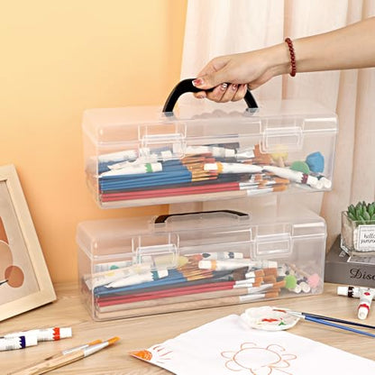 BTSKY 2 Pack Clear Plastic Painting Brush Container with Black Handle, Portable Long Paintbrush Case, Drawing Tools Storage Box, Practical Art Supply Organizer for Artist Crafters, 14"x4.7"x4.3"