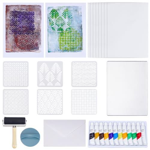 WEBEEDY Gel Printing Plate Kit Geometric Printmaking Supplies Includes 5x7 Inch Reusable Gelatin Plate,Stencils,Acrylic Paint,Essential Tools and Instruction for Adults Beginner Printmaking Supplies