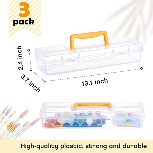 Gerrii 3 Pack Paint Brush Storage Box Portable 13 Inch Long Paintbrush Drawing Tools Pencils Container Case with Handle Clear Paint Brush Organizer Holder for Artist Craft Art School Supplies