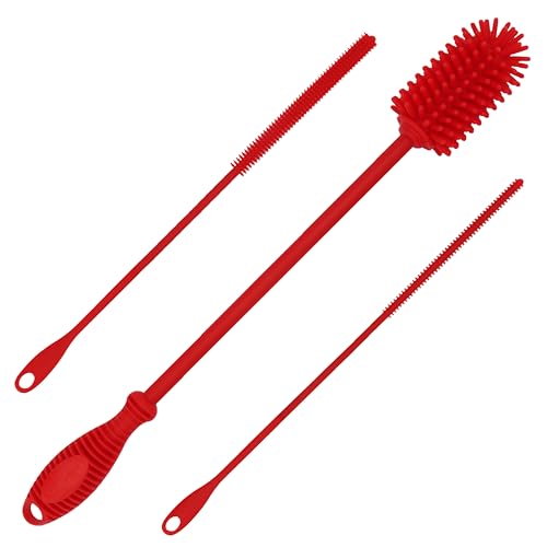 Kitchiny Silicone Bottle Brush with 2 Straw Cleaners - 12.5” Water Bottle Cleaner Brush for Yeti, Hydro Flask, Owala, Stanley, Baby Bottles, Glassware, Vases & Narrow Neck Containers - Red - color: Red