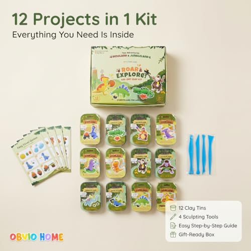 Air Dry Clay for Kids - 12 Dinosaur & Jungle Designs Modeling Clay Kit - Model Sculpting Set, Ultra Soft Safe & Non-Sticky | DIY Crafts, School Projects & Party Favors for Boys & Girls