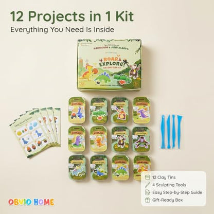 Air Dry Clay for Kids - 12 Dinosaur & Jungle Designs Modeling Clay Kit - Model Sculpting Set, Ultra Soft Safe & Non-Sticky | DIY Crafts, School Projects & Party Favors for Boys & Girls